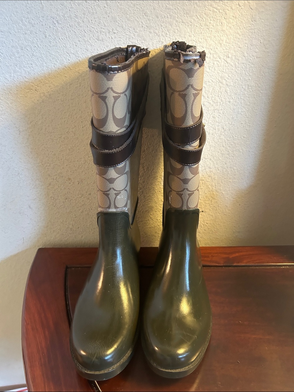 Coach Olive Green Rubber Rain Boots with Khaki Signature Shaft Size 8